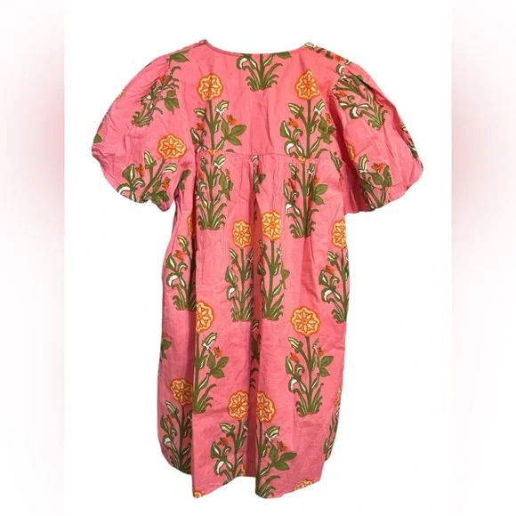 THML Mayport Dress Pink Floral Puff Sleeve Block Print Tassel NWT – Size Small - Picture 3 of 5